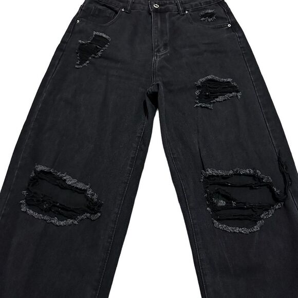 Zara Wide Leg Black Holes Hi Waisted Casual Punk Relaxed Oversized Denim Jeans - Picture 2 of 7